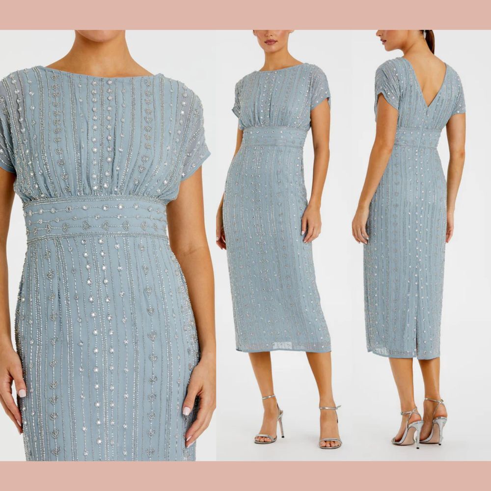NWT $498 Mac Duggal [ 2 ] 93649‎ Beaded Cap Sleeve Column Midi Dress Blue